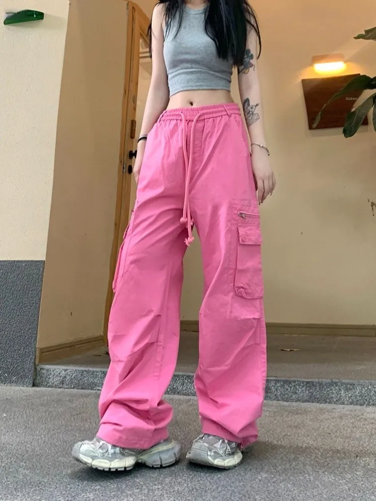 

High Waist Drawstring Loose Casual Pants Women's Pink Workwear Trousers Spring Versatile Wide Leg Pants American Style