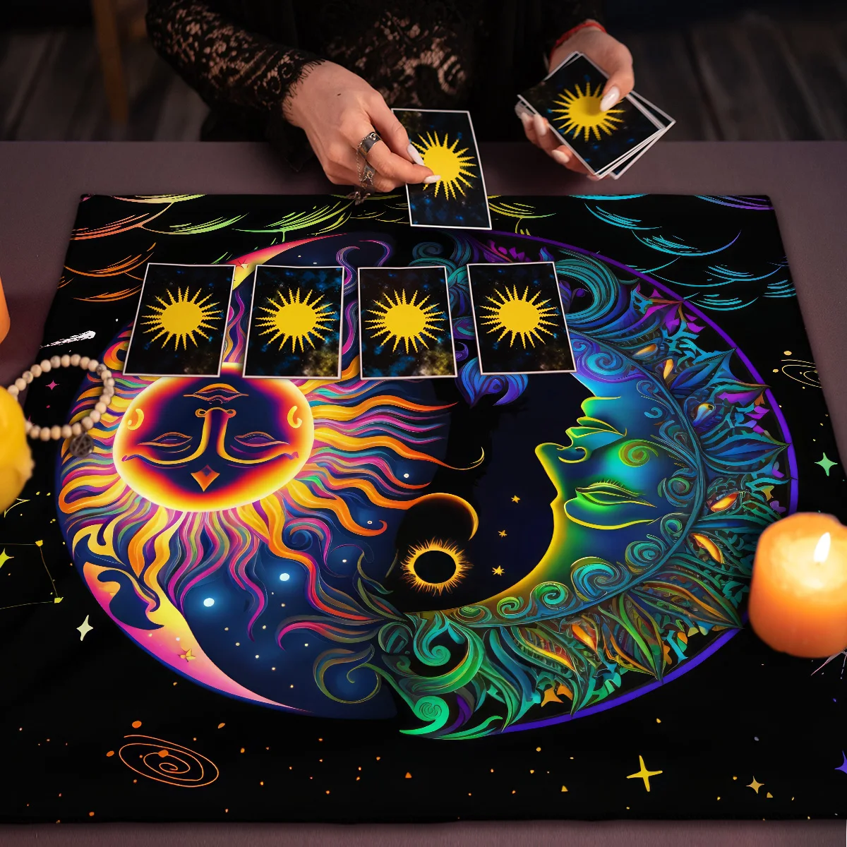 الأزهار والشمس بطاقة التارو مفرش المائدة المذبح القماش زهرة الحياة انتشار التارو القراءة القماش الروحي أوراكل بطاقة الوسادة