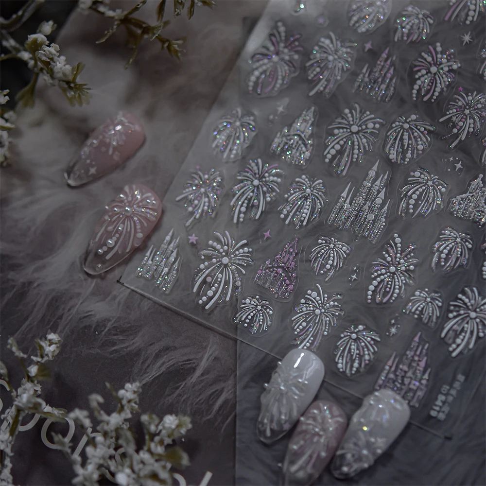 Naklejki na paznokcie 5D z efektem fajerwerków, kolorowe, błyszczące, olśniewające, naklejki-slajdery z fajerwerkami, naklejki foliowe do manicure na Chiński Nowy Rok