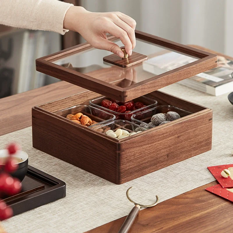 

Wooden Fruit Tray, Compartment Candy Nut Snack Box with Lid, Living Room Table Organizer, Multifunctional Storage