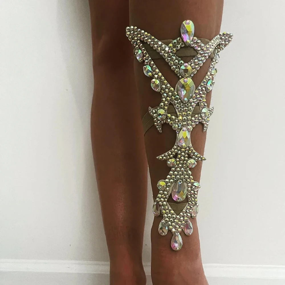 Colorful Crystal Exaggerate Thigh Chain Elastic Body Accessories Festival Women Hollow Belly Dance Leg Jewelry Ballroom Outfit