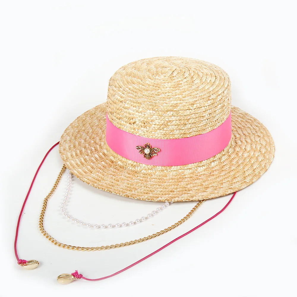 Original Design Bee Wheat Straw Hat for Women, Chain Flat Top Sun Cap, Spring Summer Vacation Beach Hat Wholesale