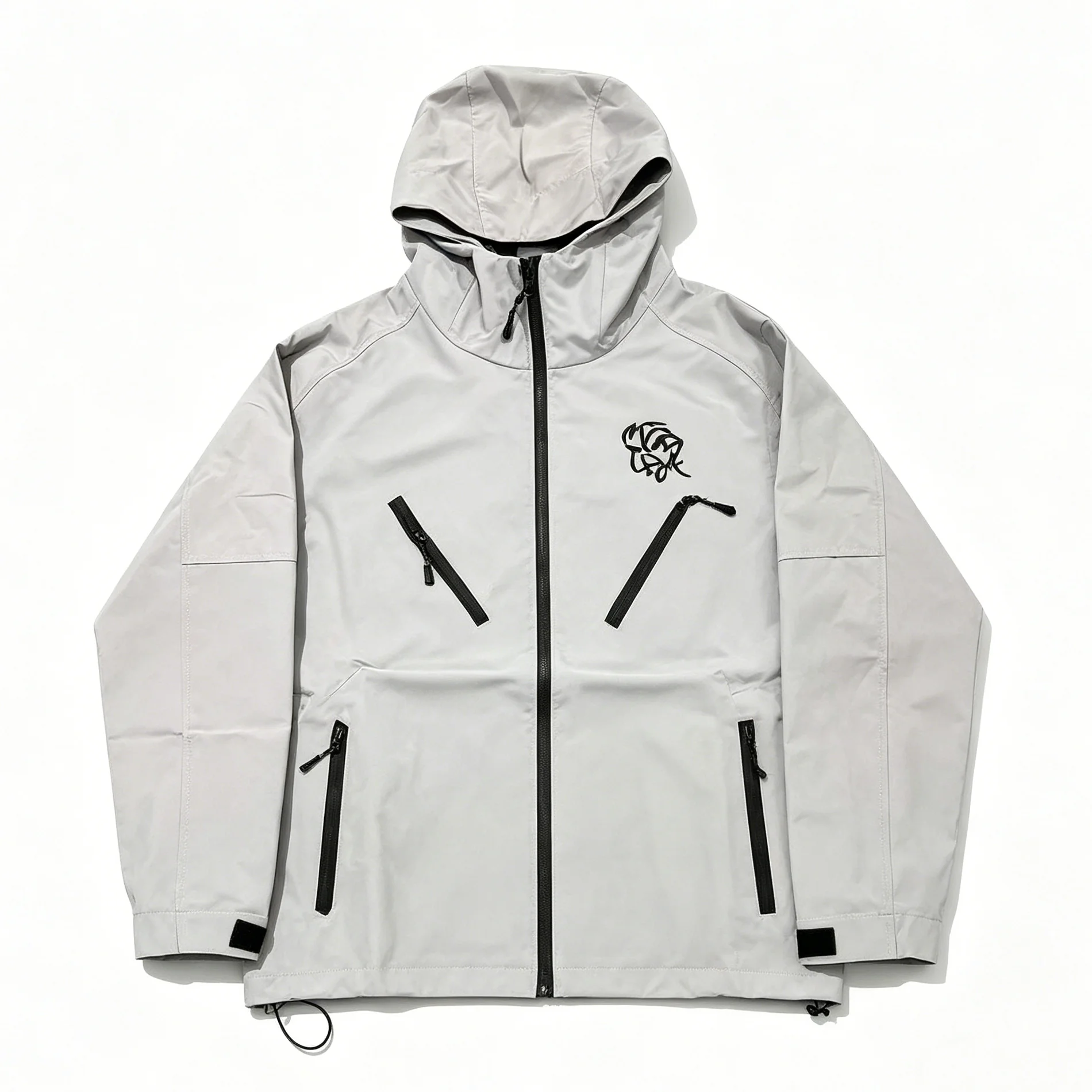 Men's Embroidered Waterproof Windbreaker Jacket Hooded Pocket Outdoor Hiking Full Zip Jacket Streetwear Casual Pullover Coat