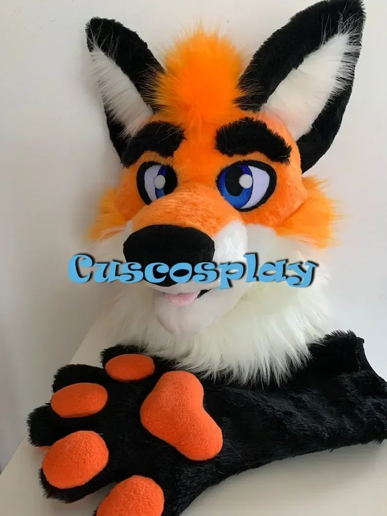 Orange Black Fur Fox Dog Husky Mascot Head and Hand Costume Furry Suit Fursuit Halloween Christmas Birthday Party Gift