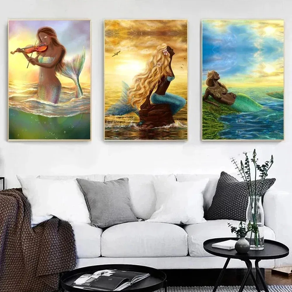 Abstract Canvas Wall Art Posters Mermaid John William Waterhouse Portrait Prints for Living Room Painting HD Home Decor Picture