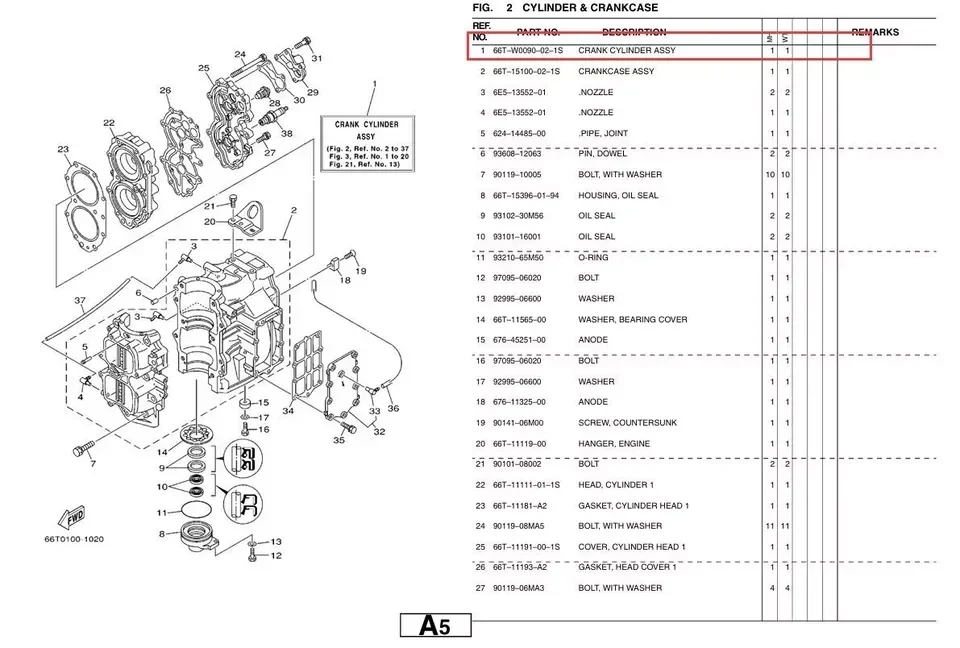 66T-W0090-02-1S Zespół głowicy cylindrów do 2-suwowego silnika zaburtowego Yamaha 40HP E40X