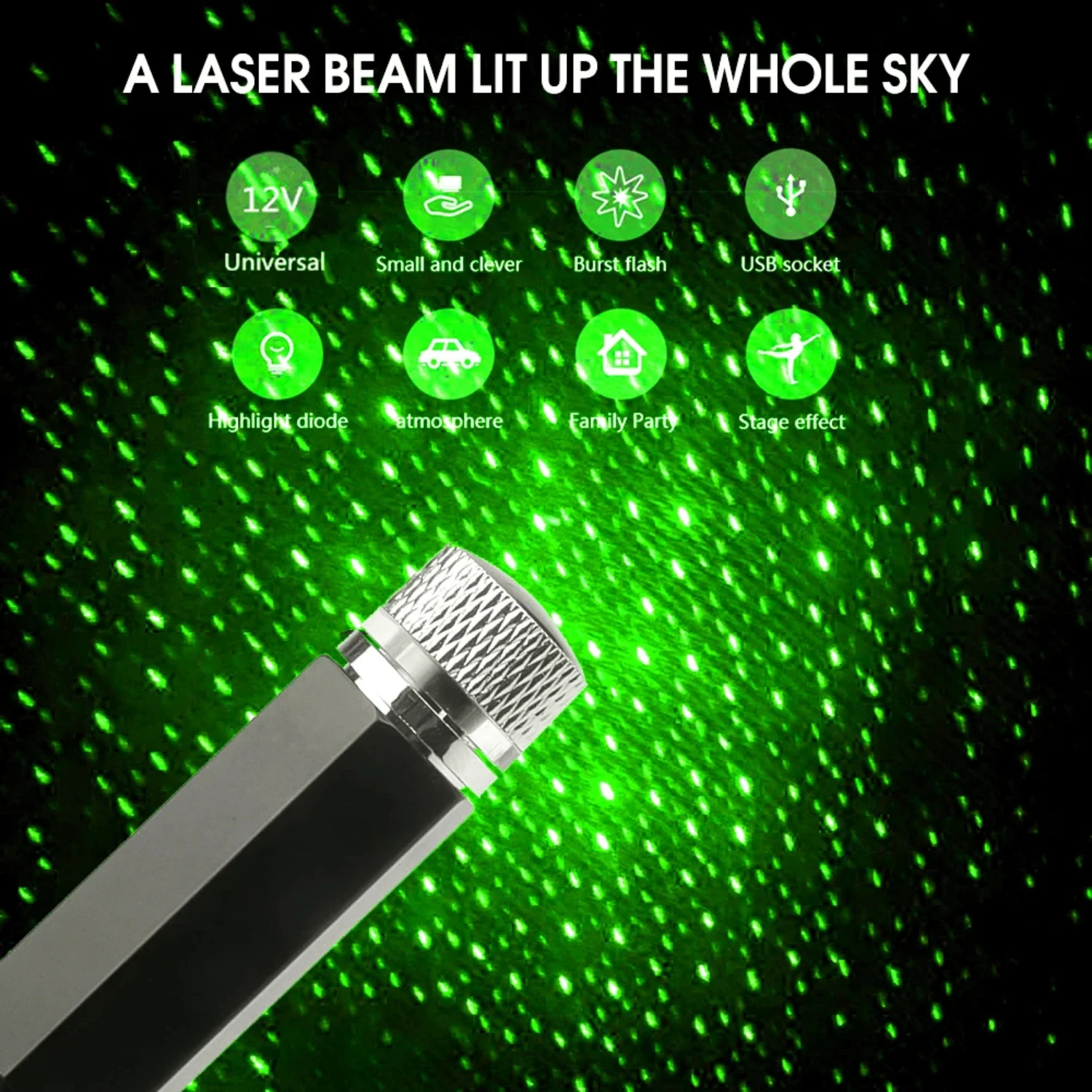 

New Green Adjustable LED Starry Lamp - Car Roof Star Light for Ambient Atmosphere Projector Lights - USB Auto Night Decoration