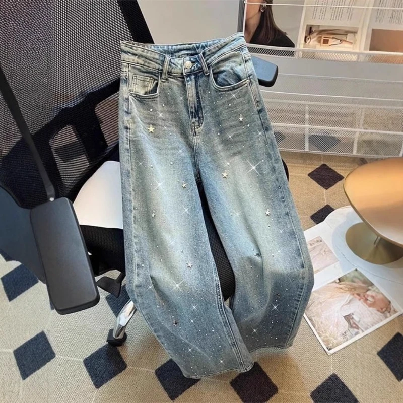 

High Street Beading Hot Drilling Jeans Blue Women Straight Denim Pants Streetwear High Waist Y2K Jeans Wide Leg Trousers Korean