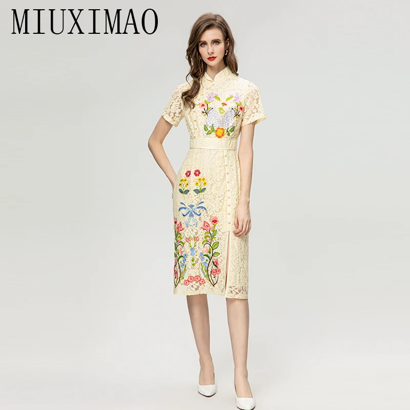 

MIUXIMAO 2023 Elegant and Pretty Women's Dresses Fashion Retro Bird Flower Embroidery Lace Long Dress Women Female Dress