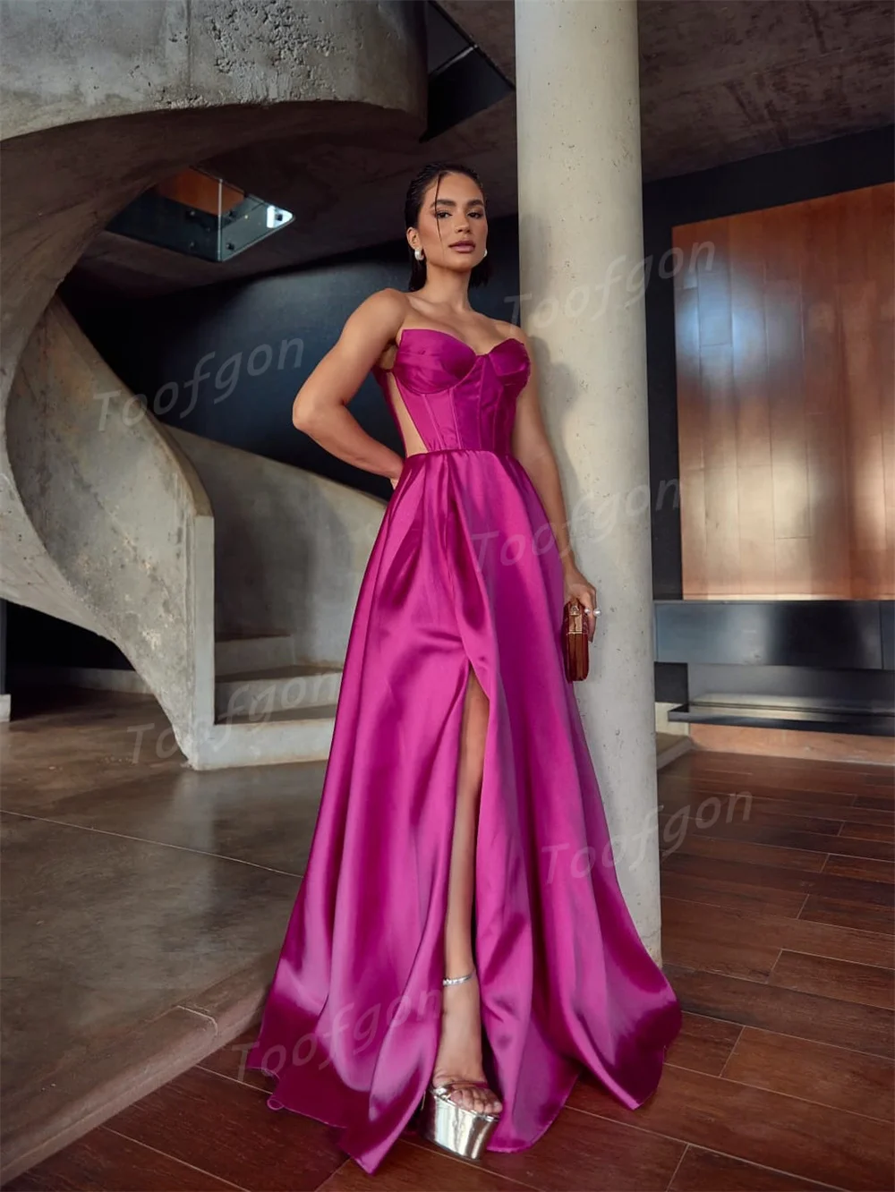 Toofan Фуксия Индивидуальные атласные длинные платья для выпускного вечера со складками Женские вечерние платья трапециевидной формы Вечернее платье для дня рождения в Саудовской Аравии