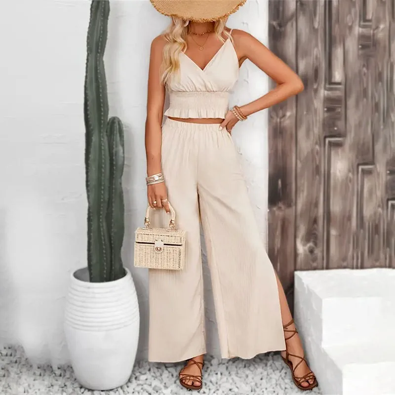 2 Pieces Set For Woman Summer Pants Sleeveless Crop Top Wide Leg Trousers High Waist Beige Long Pants V Neck Smocked Waist Pants