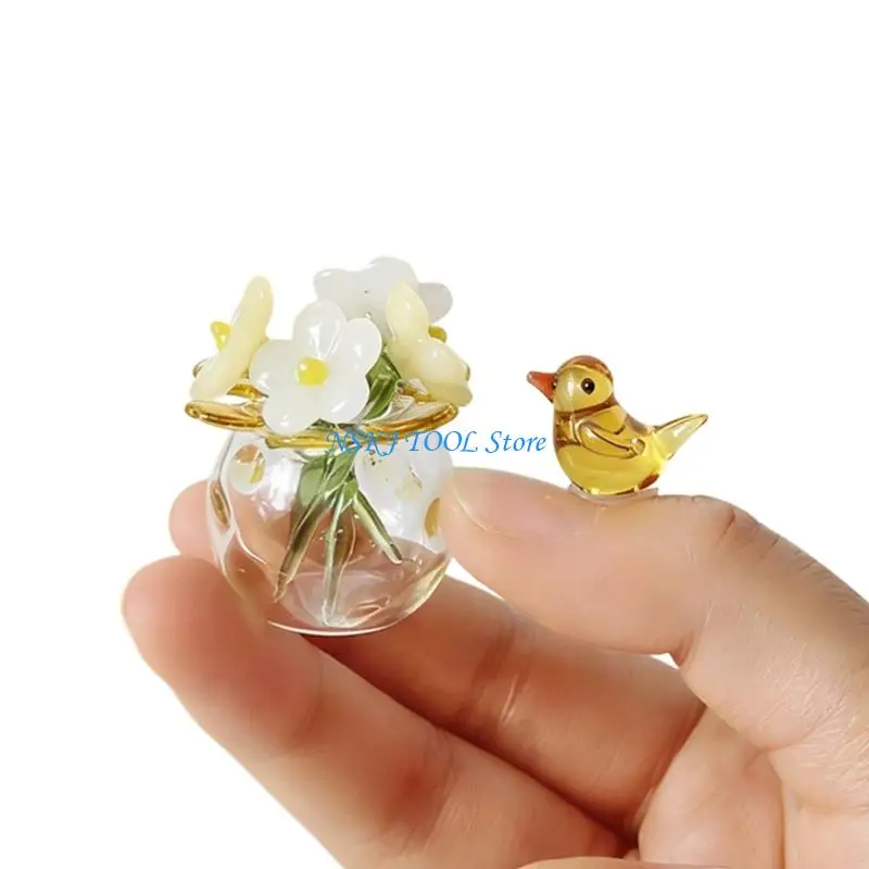 L8RC Crystal Flower Figurine Crystal Glass Bird Forget Not Flower Statue Ornament