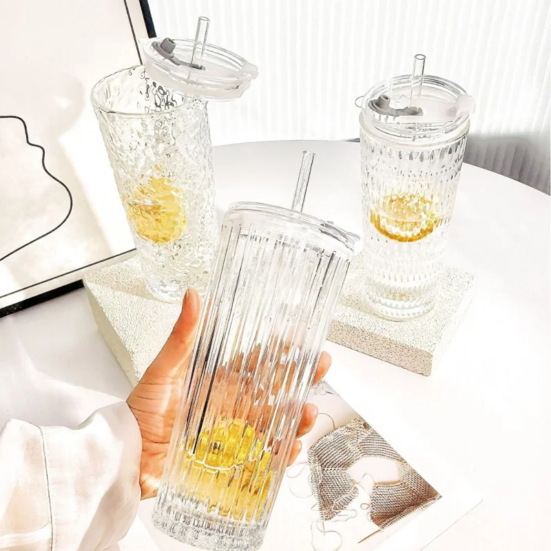 كوب عصير شفاف ذو مظهر عالي القيمة، كوب زجاجي جديد، كوب ماء للمكتب، مشروب ذو سعة كبيرة مع كوب من القش بغطاء ﻿