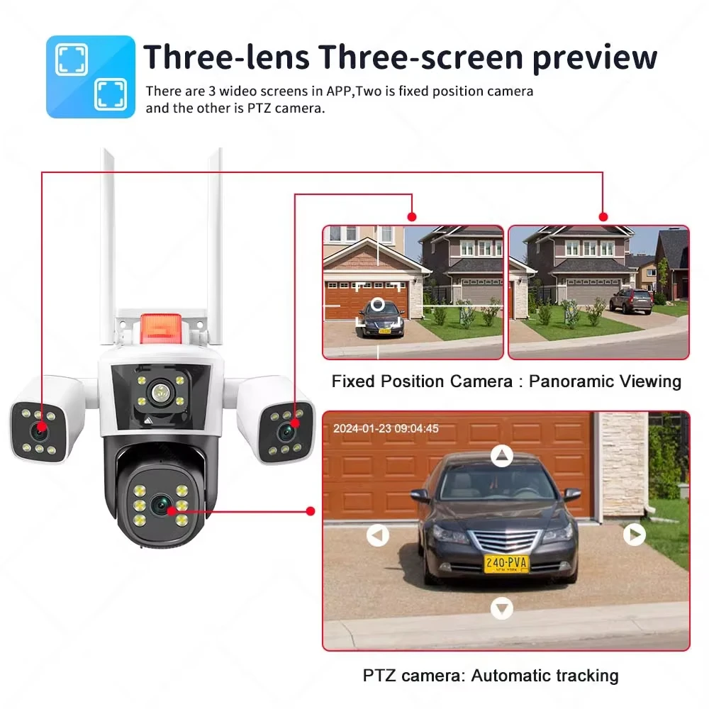 12MP 6K WiFi Security Cameras Four Len Three Screens Outdoor PTZ Video Cam Auto Tracking 6K Waterproof Surveillance Cam IPC360