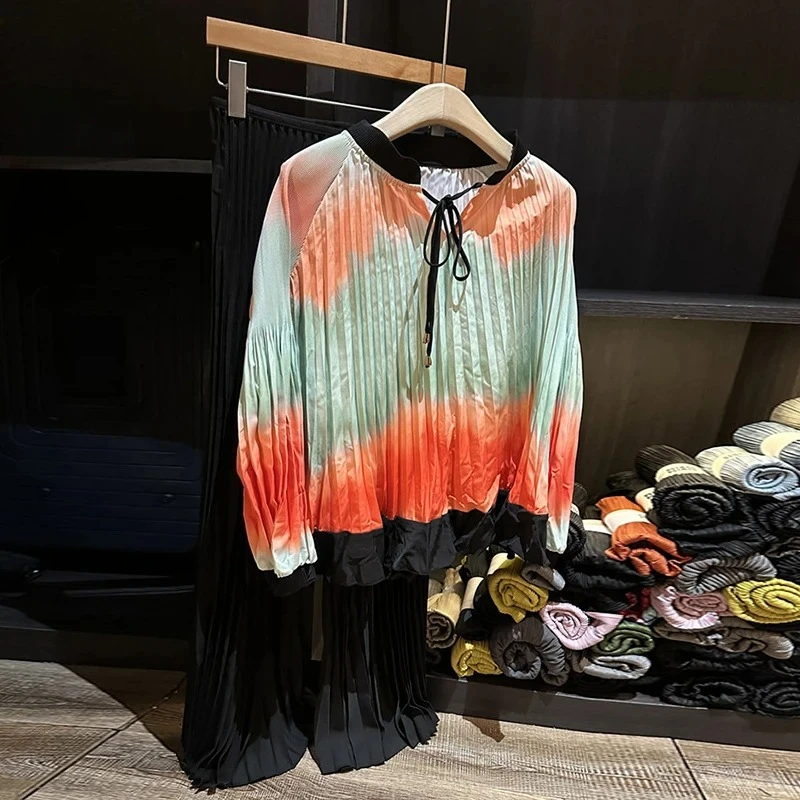 2025 Autumn Casual Pants Two-piece Sets High-end Pleated Women's Set Gradient Color Long Sleeve O-neck Tie Loose T-shirt and