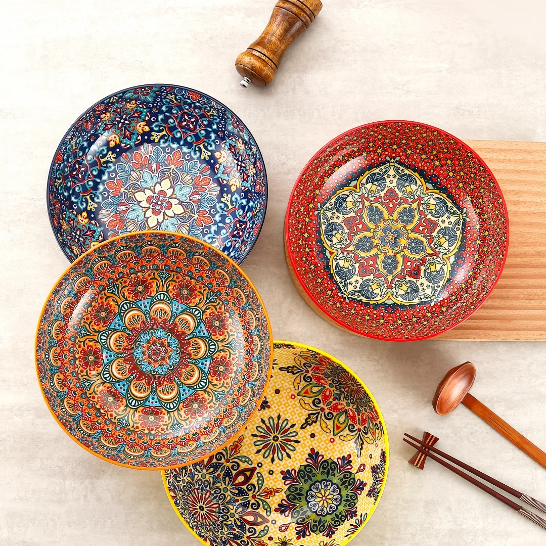 Bohemian Style Underglaze Ceramic Soup Bowl Large Capacity Salad Bowl for Party Camping