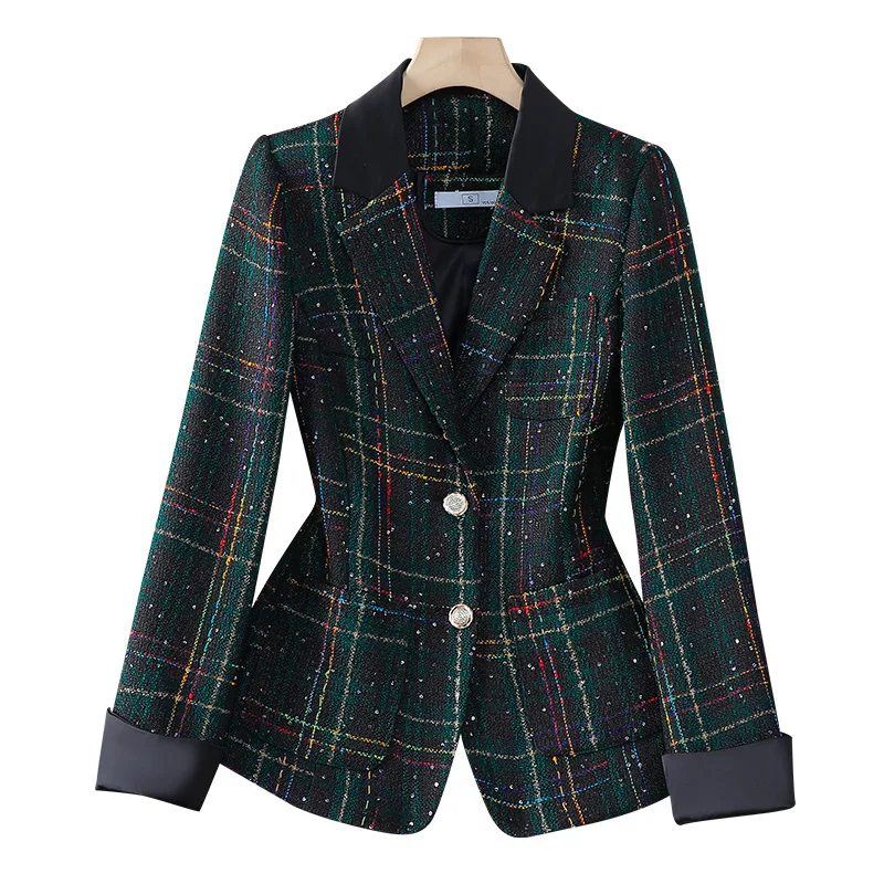 Luxury Ladies Black and White Plaid Fashion Small Fragrance Tweed Commuter Short Suit Women\'s High Strecth Blazers