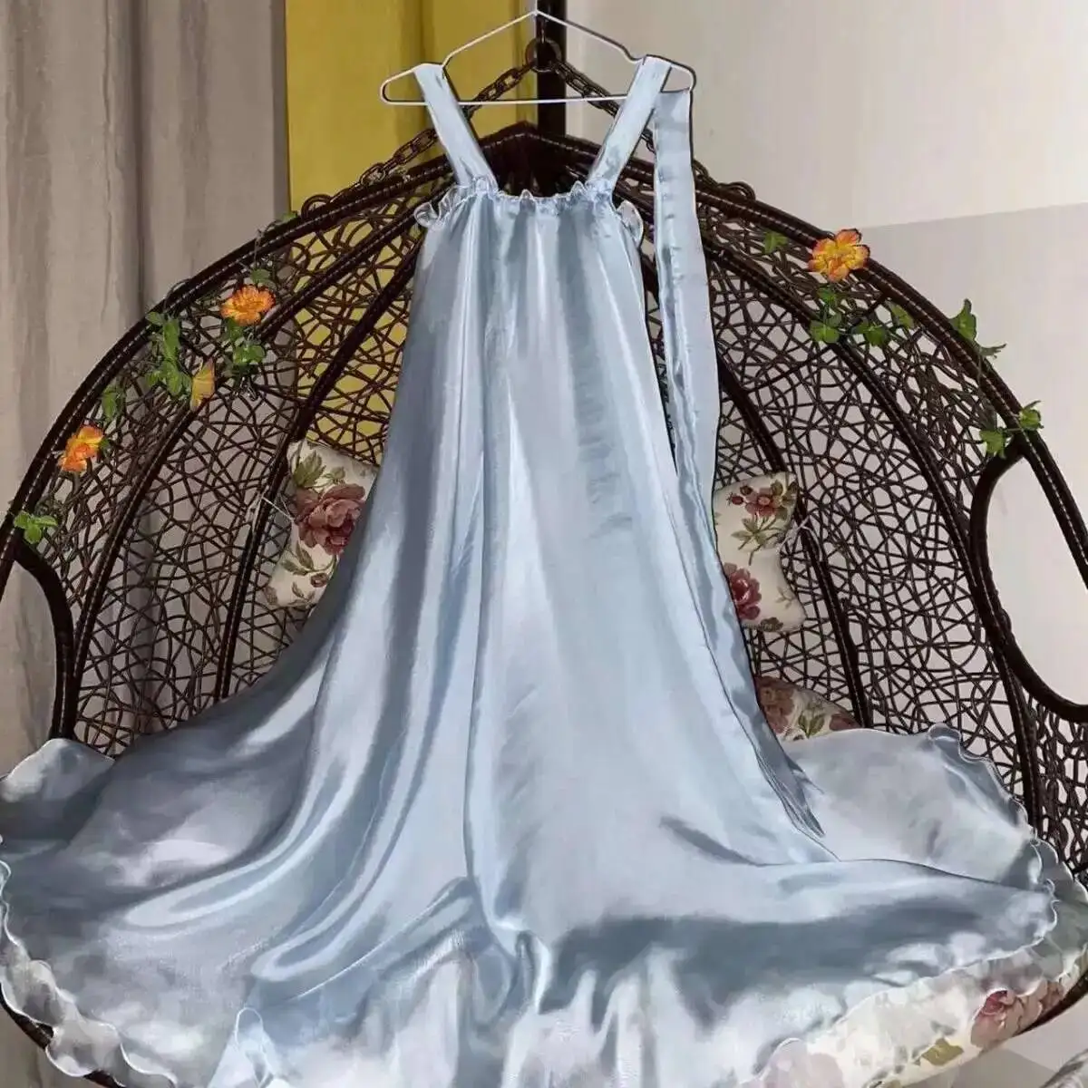 

Glossy See Through Ultra Thin Women Satin Sleeveless Long dress Loose Ruffles Dress Sleeping Robe