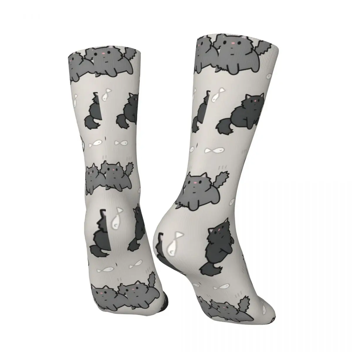 Kittens And Fish Pattern Men's Socks Retro Harajuku Street Style Novelty Seamless Crew Sock