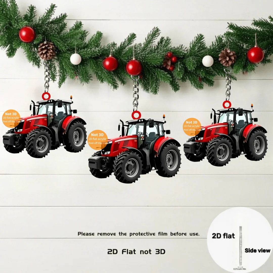 Red Tractor Pendant Keychain Vehicle Themed 2D Flat Acrylic Ornament Charms Hanging Decoration for Bags Festive Party Home Gift