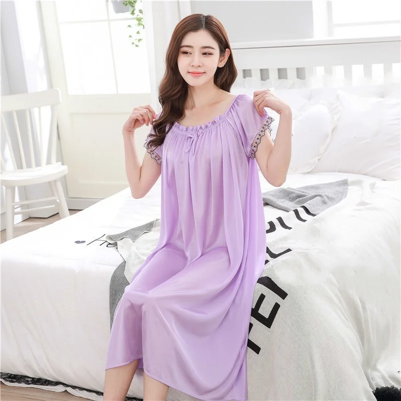 Summer  Womens Solid Color Sleepshirt Home Clothing Lace Ice Silk Long Nightdress Short Sleeve Loose sleepswear