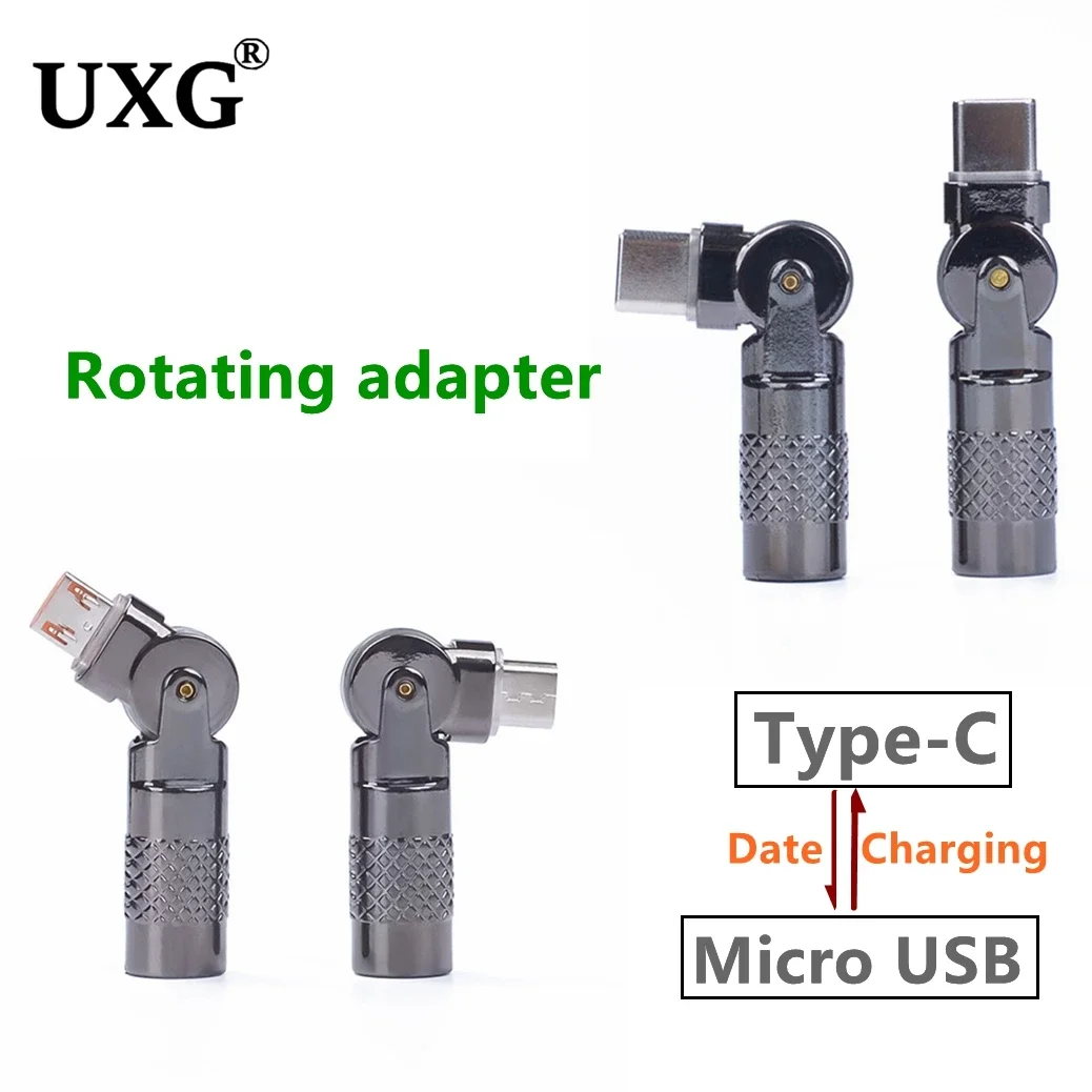 90 270 Degree Rotate Right Angled Elbow Type-C Usb-c To Micro USB Charging Data Adapter Fast 3A/5A Rotating Luminous Adapter