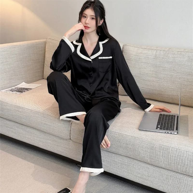 2025 Autumn Winter Ice Silk Pajamas Women Long Sleeve Pants Two Piece Set Fashion Casual Cardigan Nightgown Sleepwear Homesuit
