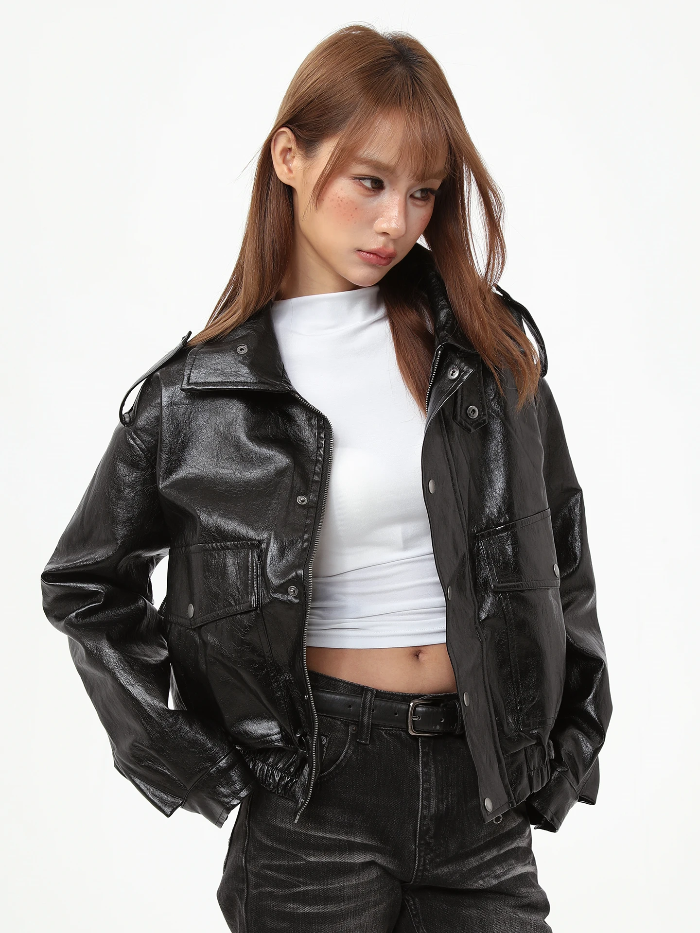 

Кожаная куртка-косуха в американском ретро-стиле с отложным воротником для женщин, повседневная, из искусственной кожи, короткая