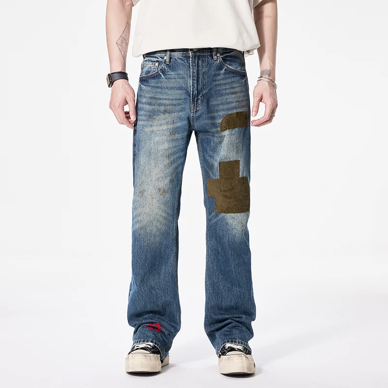 

Spring Autumn Wide Leg Mens Jeans Small Damage Splicing Corduroy Patch Splashed Ink Embroidery Washed Design Vintage Long Pants