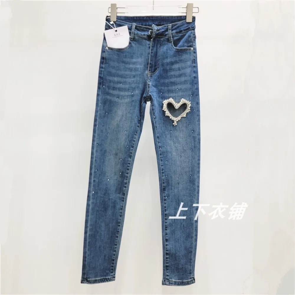 2024 New Fashion Hollow Bead Straight Elastic denim Leg Pants jeans women