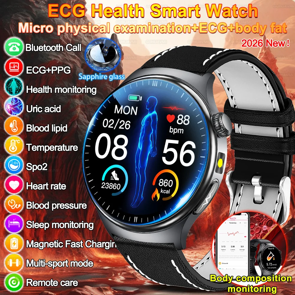 

2026New Smart Watch Health Sport Watch Fitness Micro-physical examination ECG+PPG BO/BP Uric Acid Sapphire Smart watch Men Women