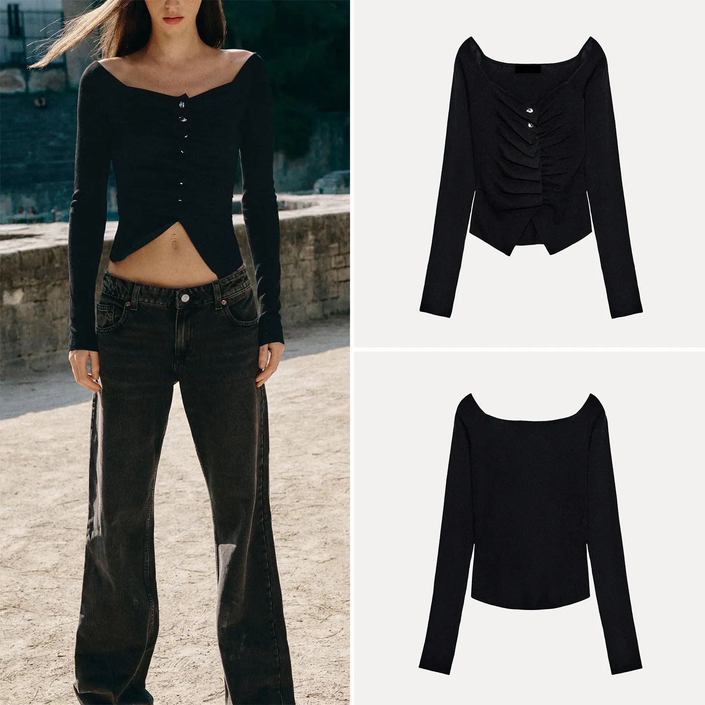 Women's Knitted Casual Long Sleeve One-Shoulder Pleated Top Autumn 2026 New Style Standard Fit T-Shirt by ZADATA
