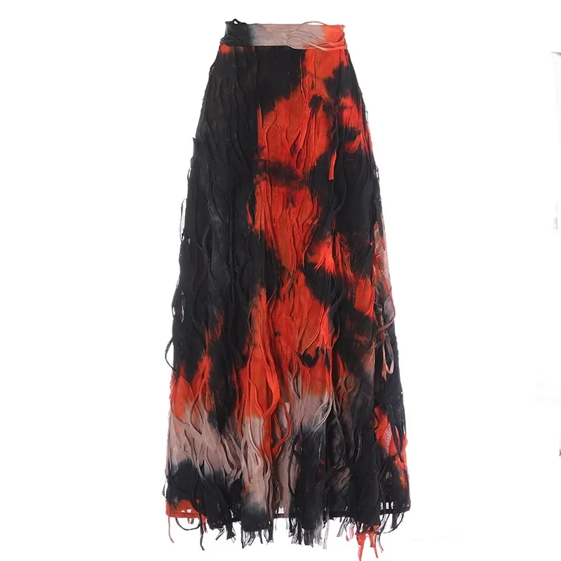 

Women's Runway Fashion Spring Autumn Long Gradient Skirt Female Autumn Winter High Waist A-Line Vintage Tie Dye Skirt TB022