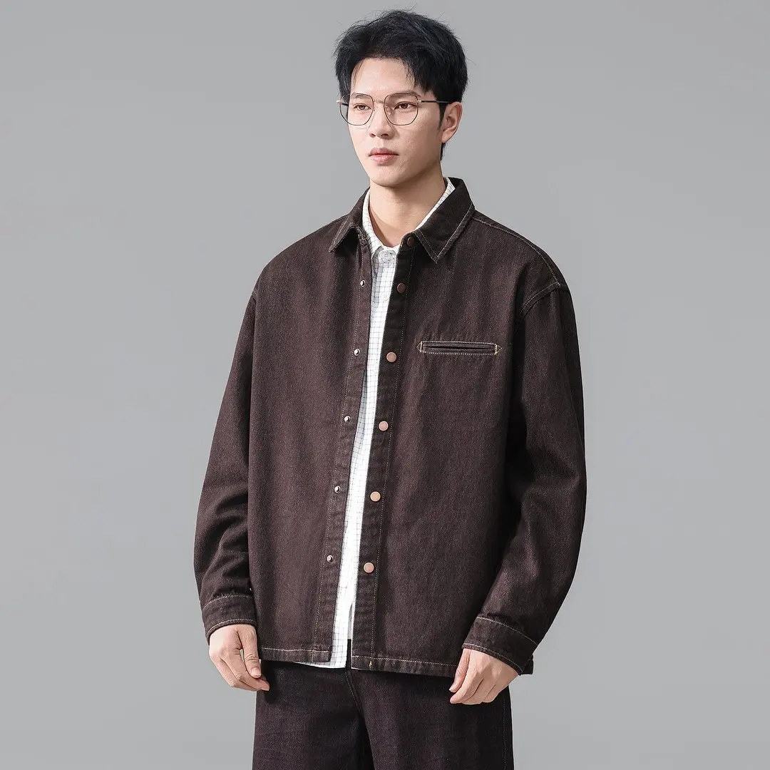 Coffee Denim Shirts Jacket Men Spring Autumn Fashion Vintage Loose Casual Long Sleeve Cargo Shirt Jacket  Spring Autumn Coat