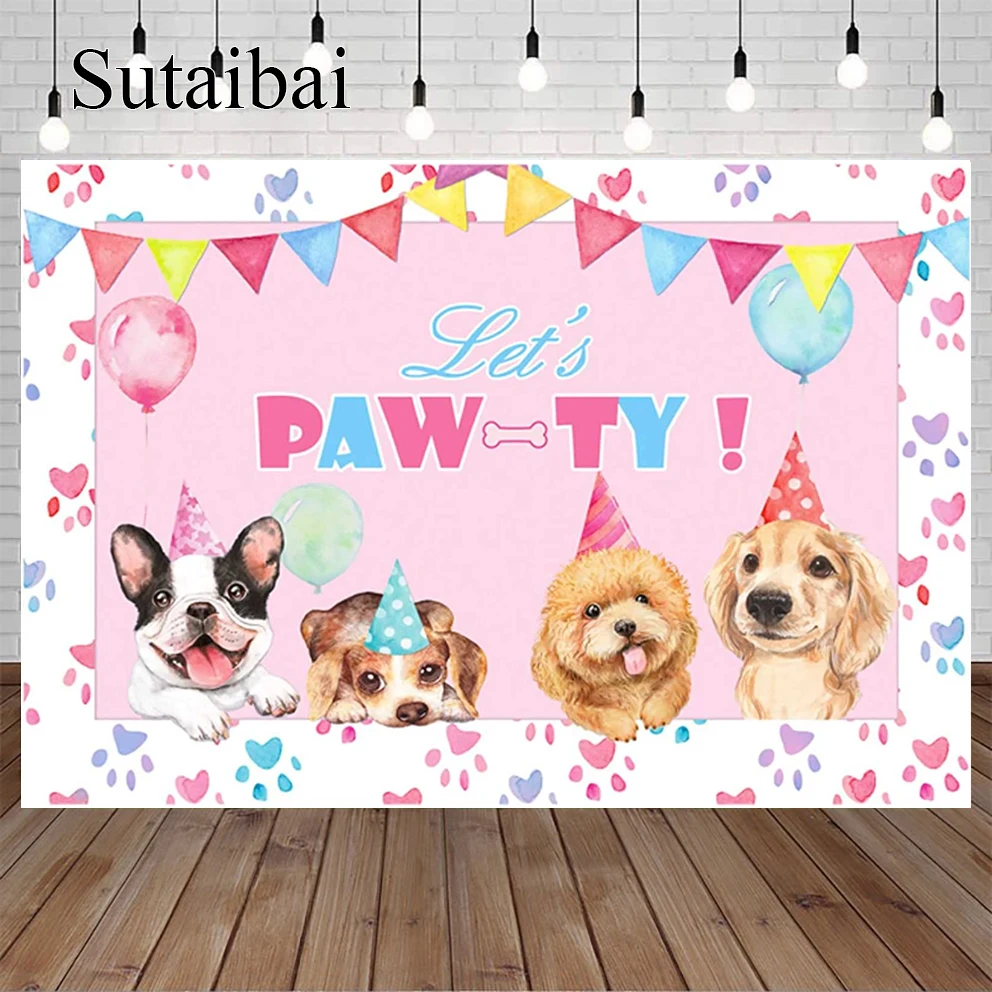 Puppy Dog Birthday Party Backdrop Let's Paw-ty Theme Paw Prints Doggy Pet Pink and Blue Supplies Photo Decorations Booth Banner