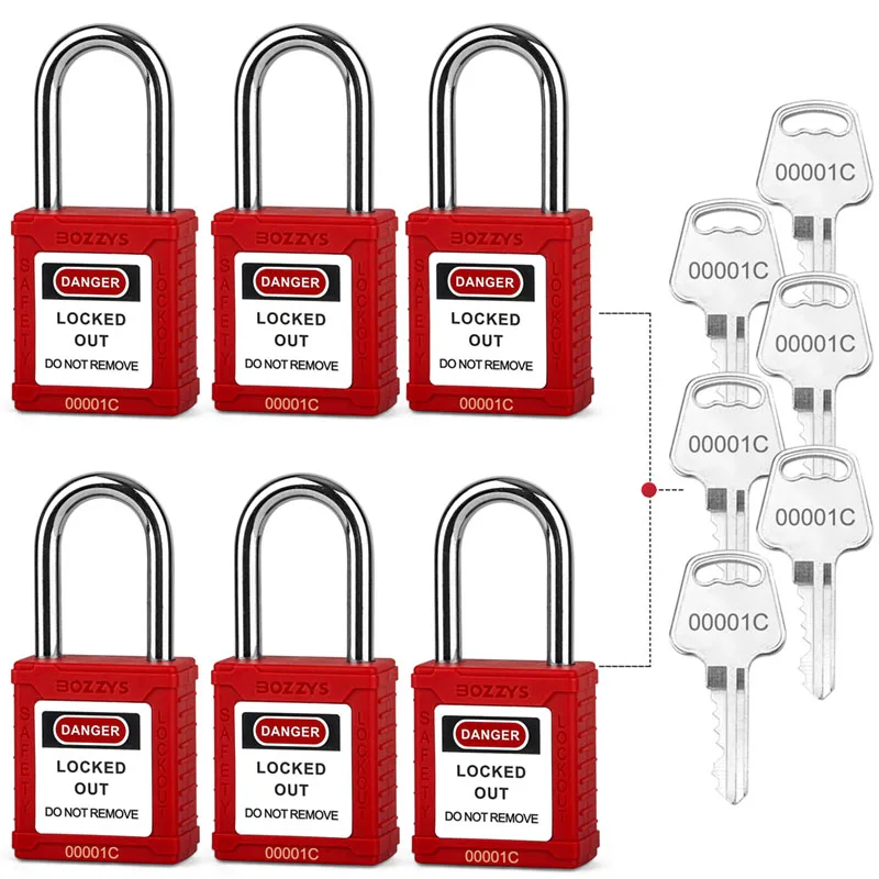 BOZZYS 6 Pack Lockout Padlocks Keyed-Alike Keys Brass Cylinder, Non-Conductive Safety Locks for Industrial LOTO Machine Maint
