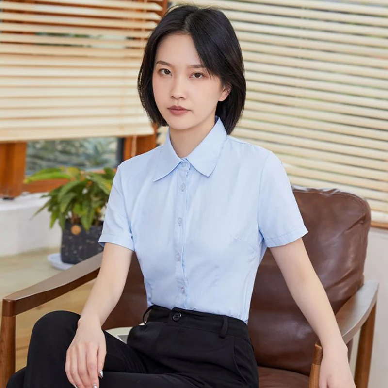 Y2K Women White Shirt Korean Casual Office Turn Down Collar Female Short Sleeve Blouse Fashion New Button All Match Ladies Tops