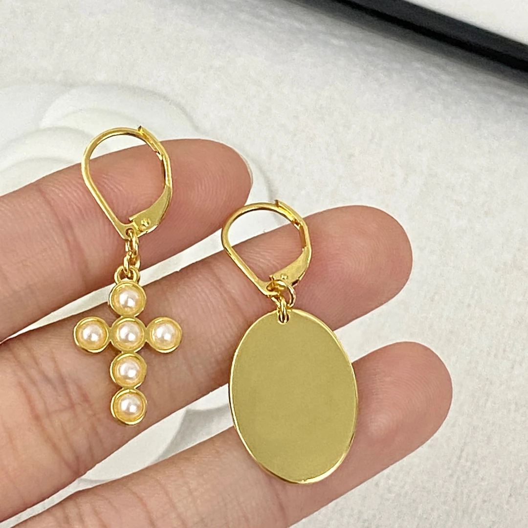 

Women's Gold Tone Asymmetrical Dangle Earrings with Pearl Cross Pendant Oval Disc Bohemian Style Fashion Jewelry Accessory