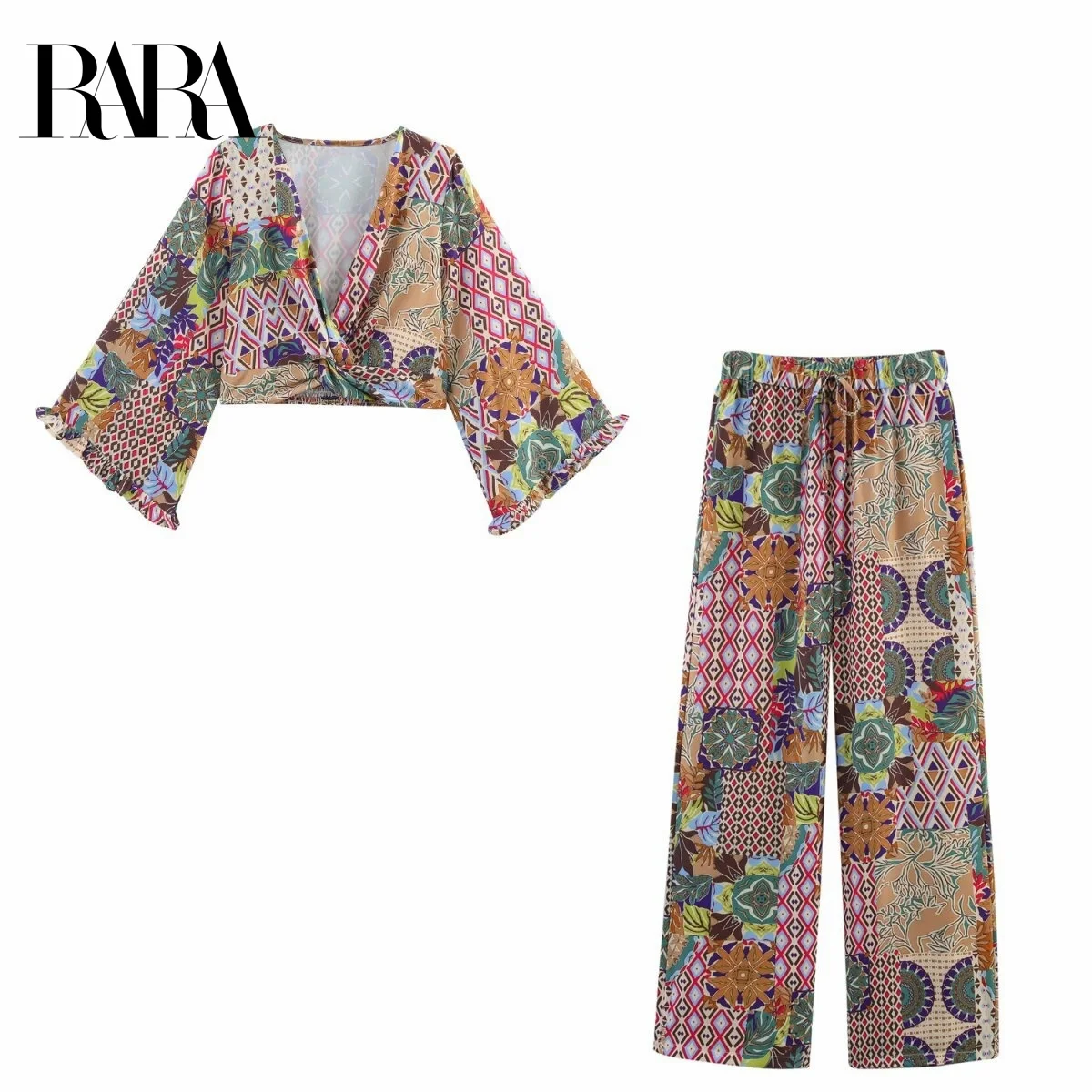 

RARA Womens V - neck Belly - baring Printed Crop Top with Knotting Decoration and Printed Loose Long Pants Set
