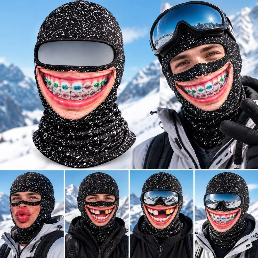 3D Face Printed Old Man Balaclava Face Mask Missing Teeth Pattern Breathable Eye Hole Winter Mask Cover Full Coverage Stretch