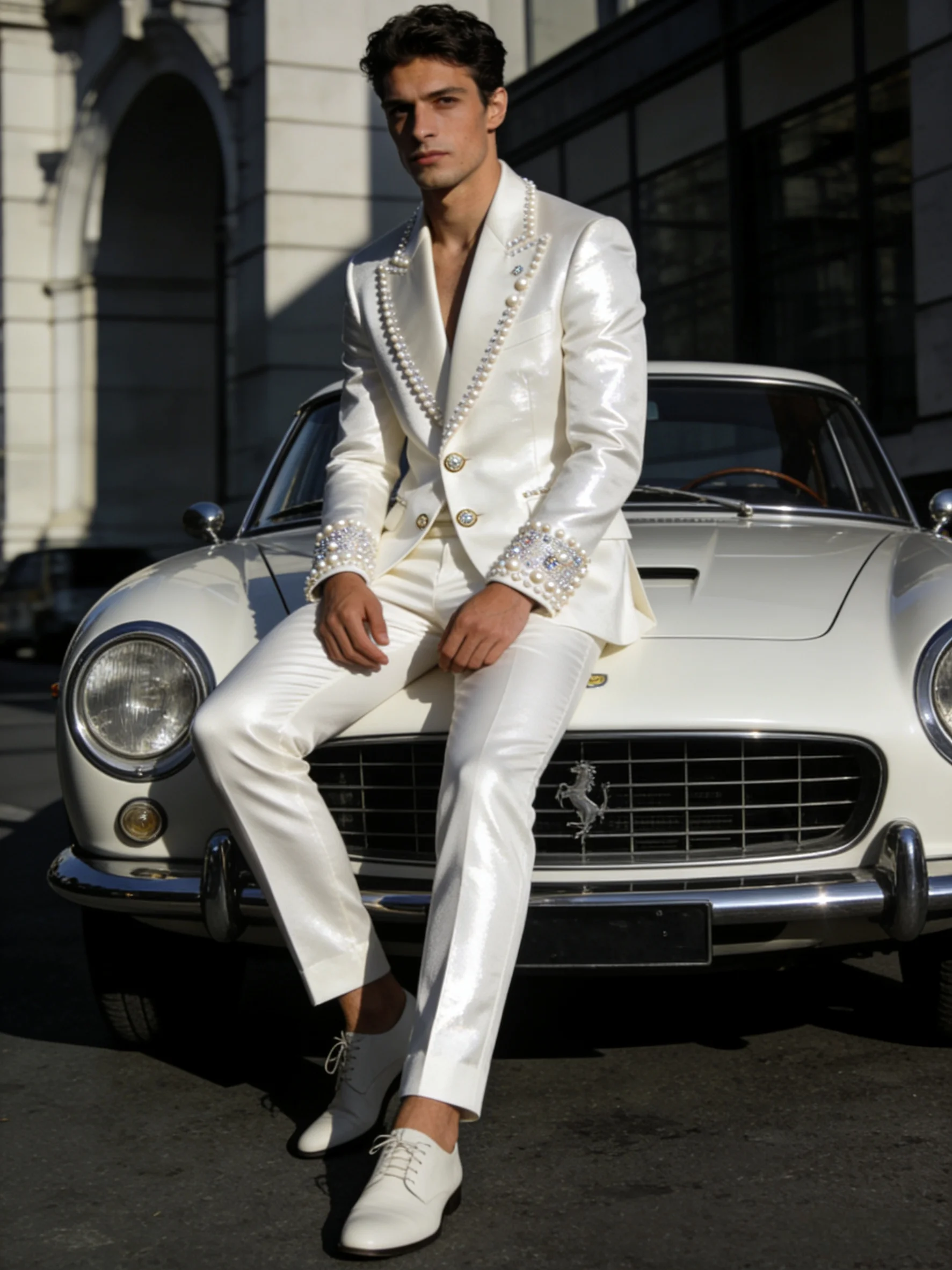 

White Satin Men Suits Set 2 Pcs Blazer+Pants Trousers Luxury Pearls Wedding Tuxedo Formal Office Business Groom Jacket Coat