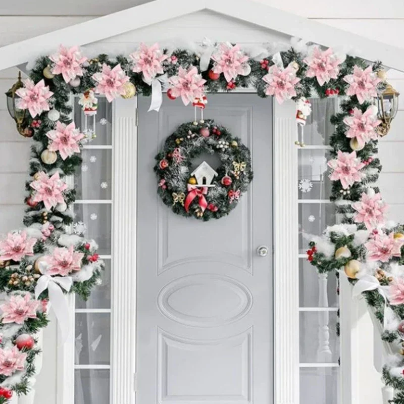 Flores artificiales con purpurina para decoración de árbol de Navidad, adornos de Feliz Año Nuevo, 5 piezas, 14,5 cm