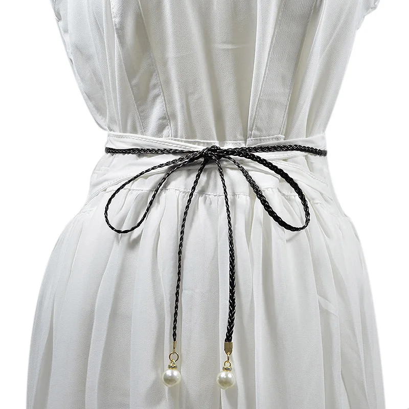 IF IFOND Fashionable Casual Women’s Belt with Pearl Buckle High-End Niche-Style Braided Thin Waist Cord to Pair with Skirts