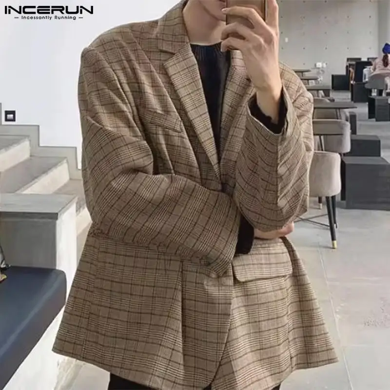 INCERUN Tops 2024 Korean Style Fashion Mens Plaid Texture Design Suit Coats Casual Streetwear Hot Sale Long Sleeved Blazer S-5XL