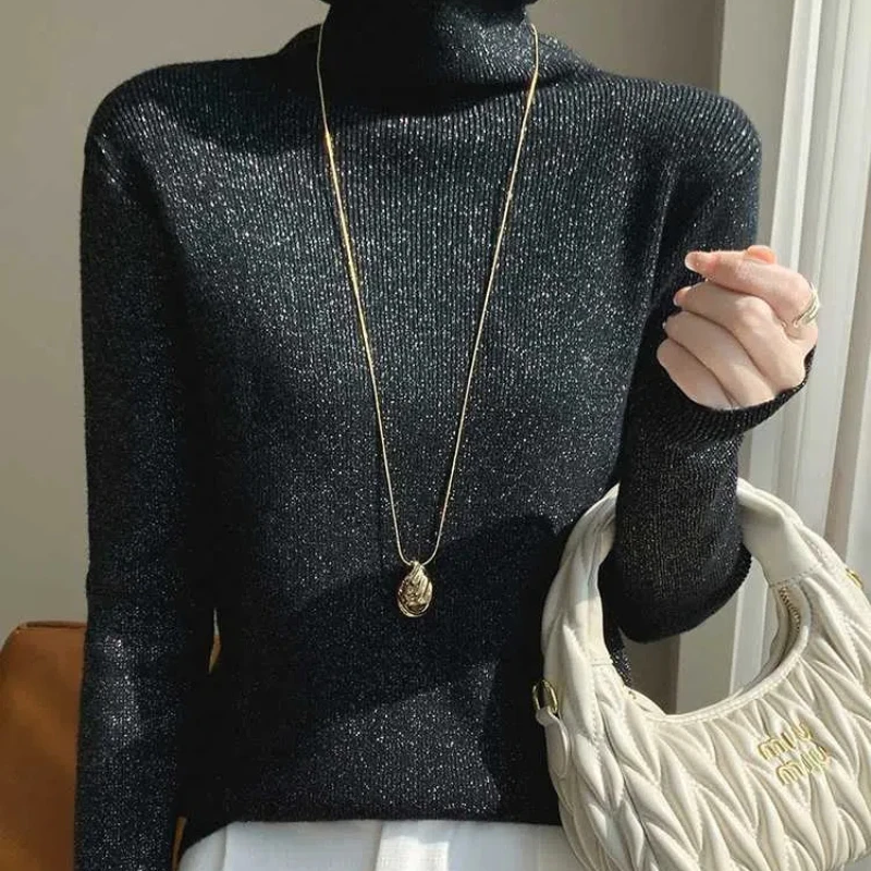 Gold and Silver Silk Base Shirt Women's Inner Top Popular High Neck Sweater Pile Neck Knit Sweater