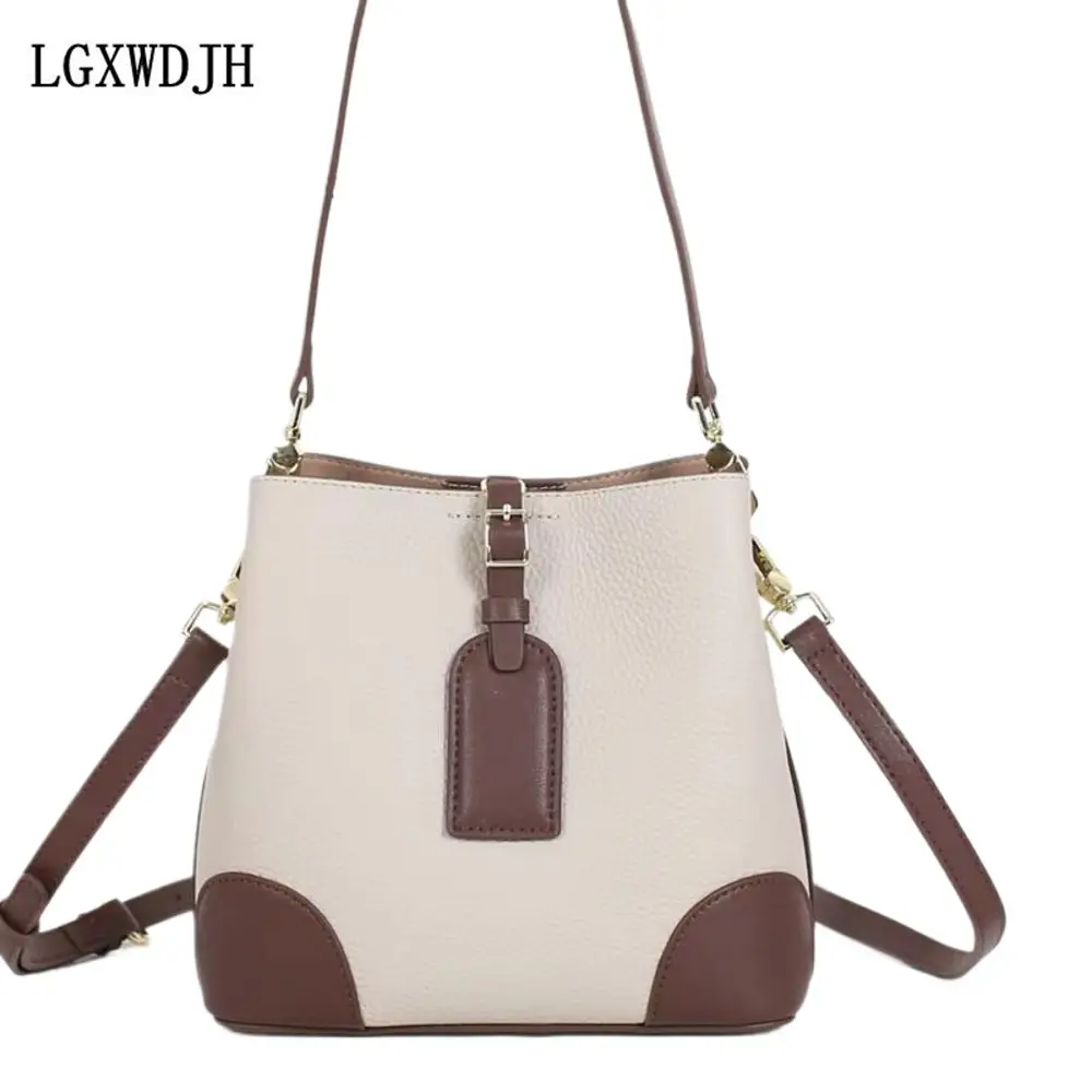 

Street fashion first layer cowhide large capacity Women`s bag Color matching new bucket type commuter shoulder messenger bag