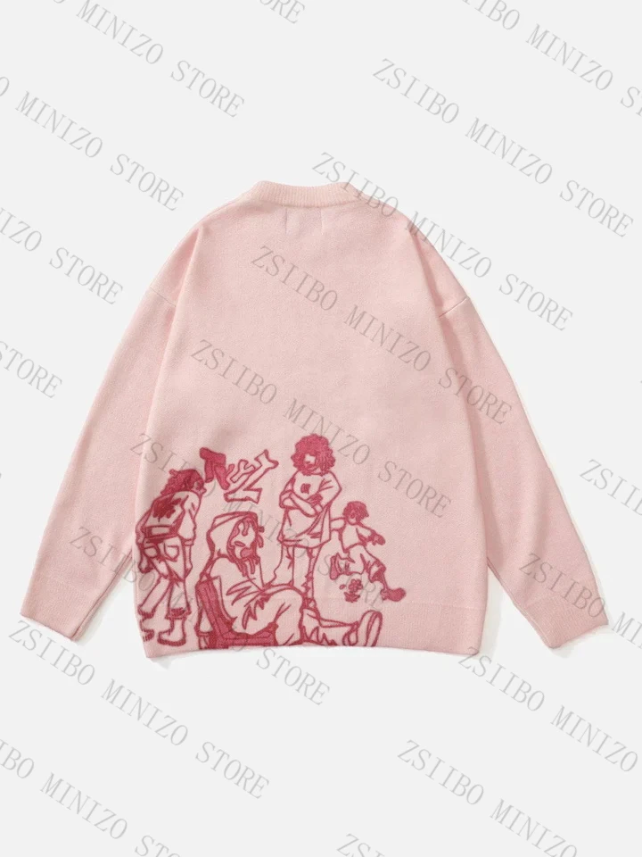 2023 women Streetwear Pink Hoodie Sweater Striped Graffiti Funny Cartoon Graphic Tops Autumn Harajuku Anime  Pullover Hip Hop 