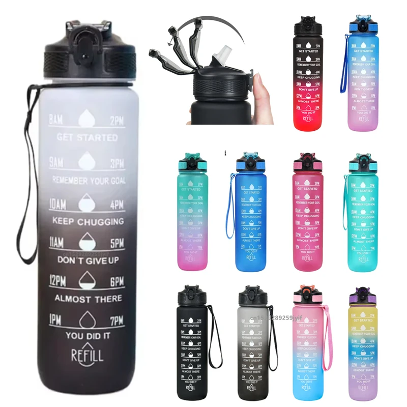 1L Large Capacity Sports Water Bottle Motivational Straw Bottle Gradient Colors Portable Drinkware for Outdoor Travel Daily Use
