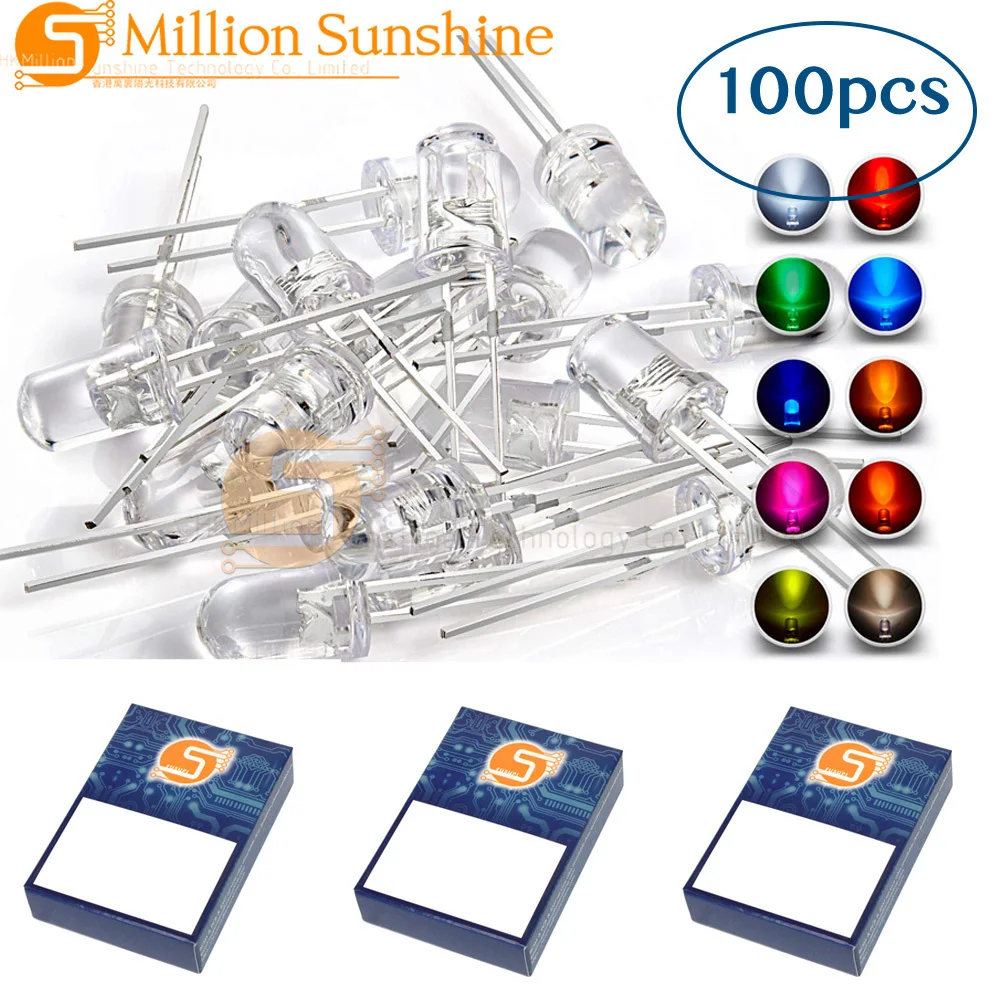 100pcs 5mm White Red Yellow Green Blue LED Diode Lights  (Clear Round Transparent) Bright Lighting Bulb Lamps