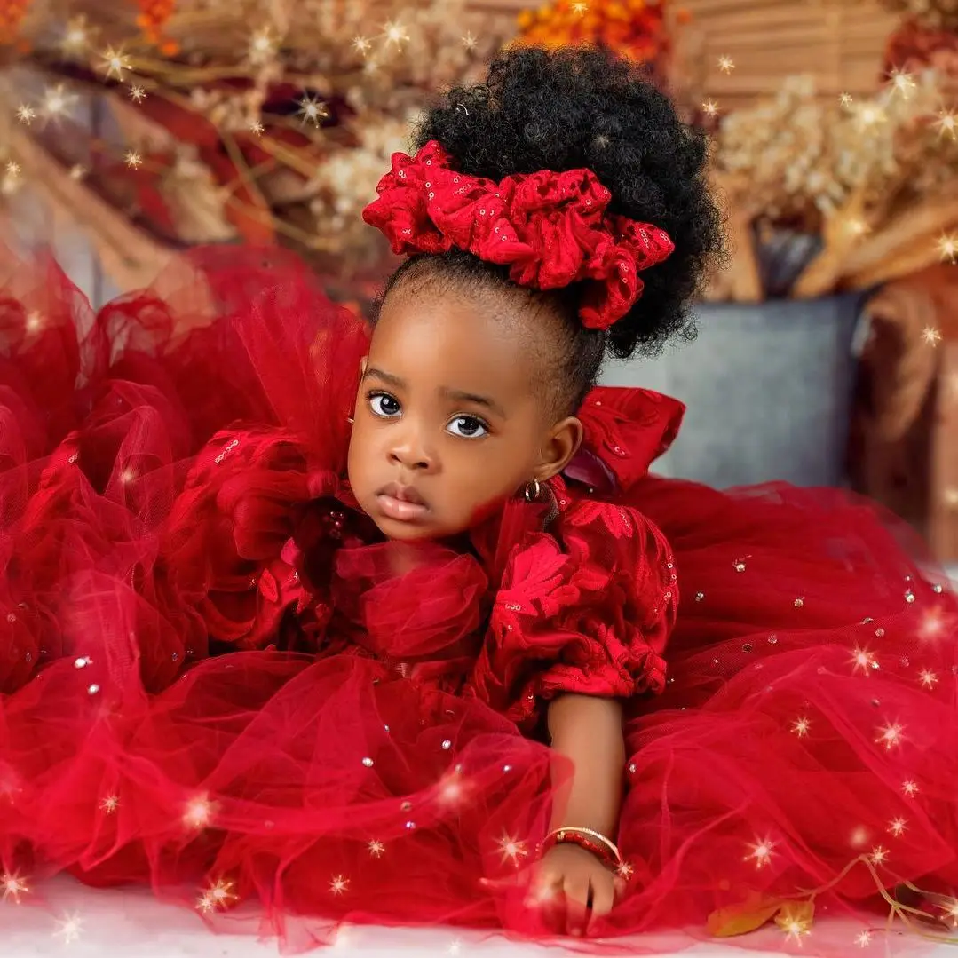 Gorgeous Red Flower Girls Dresses Princess Beaded Lace Kids First Communion Toddler Christening Dress